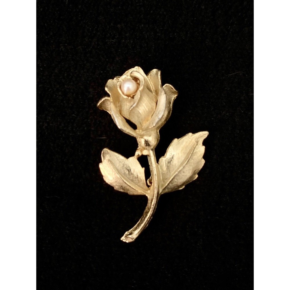Rose Bud Faux Pearl Brooch Gold Tone Vintage